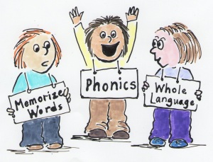 children-holding-3-signs-memorize-phonics-whole-language